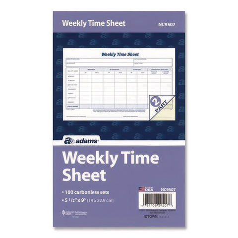 Weekly Time Sheets, Two-part Carbonless, 8.5 X 5.5, 100 Forms Total