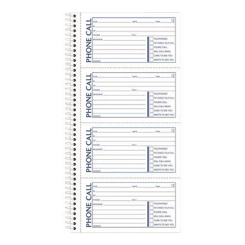 Wirebound Telephone Message Book, Two-part Carbonless, 4.75 X 2.75, 4 Forms/sheet, 400 Forms Total