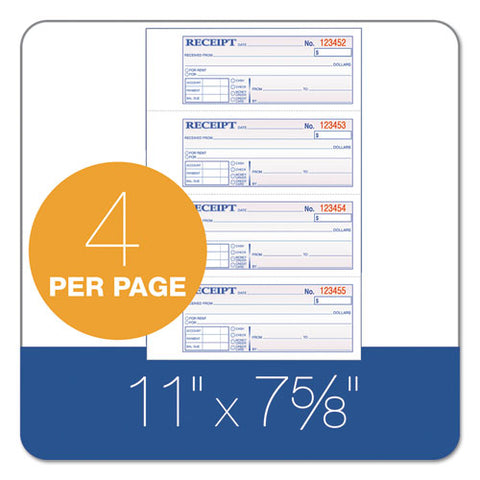 Receipt Book, Three-part Carbonless, 7.19 X 2.75, 4 Forms/sheet, 100 Forms Total