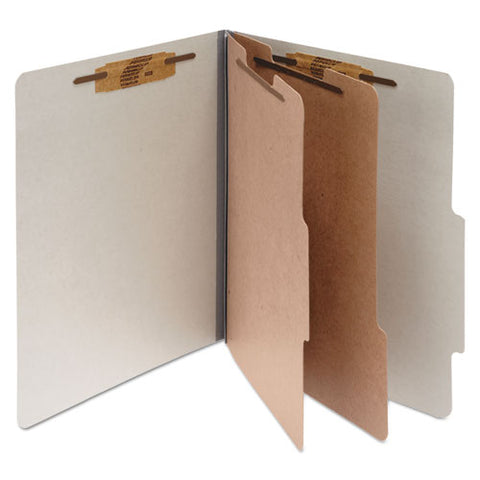 Pressboard Classification Folders, 3" Expansion, 2 Dividers, 6 Fasteners, Letter Size, Mist Gray Exterior, 10/box