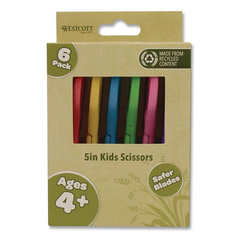 Kleenearth Rice Husk Kids Scissors, Rounded Tip, 5" Long, 2" Cut Length, Straight Assorted Color Handles, 6/pack