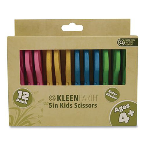 Kleenearth Rice Husk Kids Scissors, Blunt Tip, 5" Long, Straight Assorted Color Handles, 12/pack
