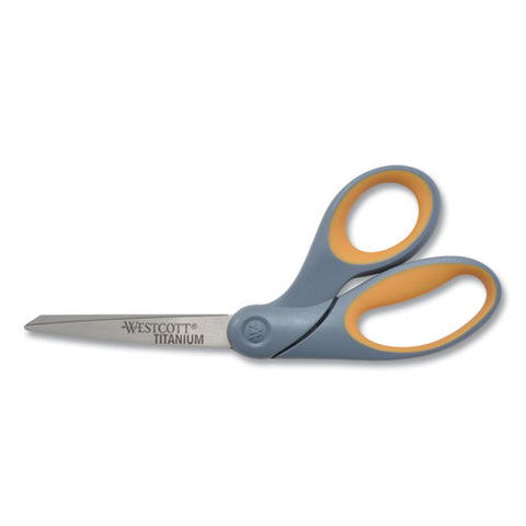 Titanium Bonded Scissors, 8" Long, 3.5" Cut Length, Crane-style Gray/yellow Handle