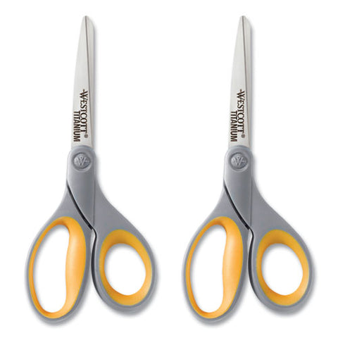 Titanium Bonded Scissors, 8" Long, 3.5" Cut Length, Straight Gray/yellow Handle, 2/pack