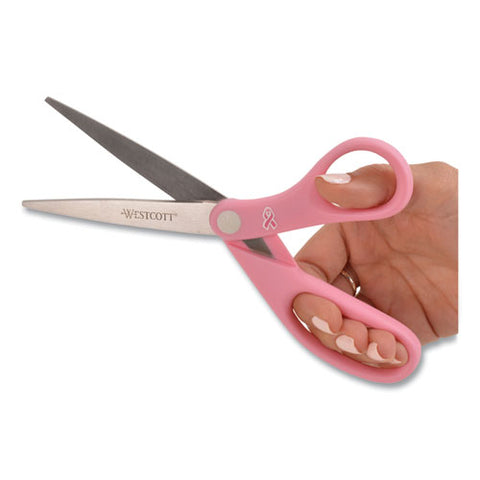 All Purpose Pink Ribbon Scissors, Breast Cancer Awareness, 8" Long, 3.5" Cut Length, Straight Pink Handle