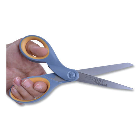 Titanium Bonded Scissors, Left Handed, 8" Long, 3.5" Cut Length, Straight Gray/yellow Handle