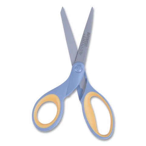 Titanium Bonded Scissors, Left Handed, 8" Long, 3.5" Cut Length, Straight Gray/yellow Handle