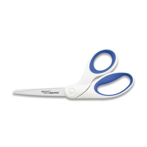 Non-stick Titanium Bonded Scissors, 8" Long, 3.25" Cut Length, Crane-style White/blue Handle