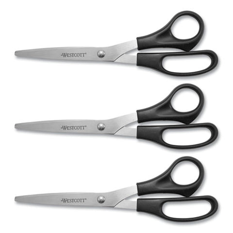 All Purpose Stainless Steel Scissors, 8" Long, 3.5" Cut Length, Offset Black Handle, 3/pack