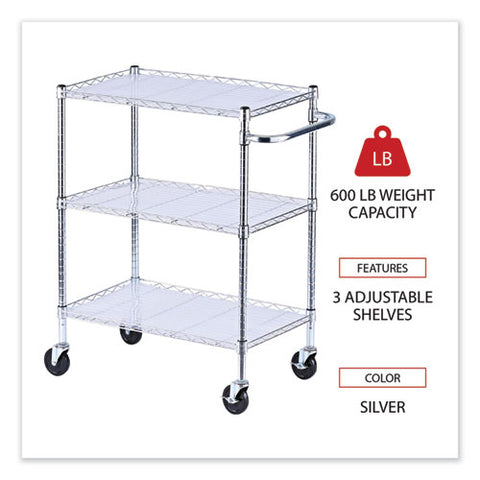 Three-shelf Wire Cart With Liners, Metal, 3 Shelves, 600 Lb Capacity, 34.21" X 18" X 40", Silver