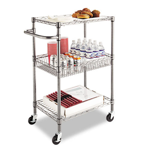 Three-tier Wire Cart With Basket, Metal, 2 Shelves, 1 Bin, 500 Lb Capacity, 28" X 16" X 39", Black Anthracite