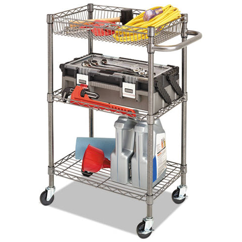 Three-tier Wire Cart With Basket, Metal, 2 Shelves, 1 Bin, 500 Lb Capacity, 28" X 16" X 39", Black Anthracite