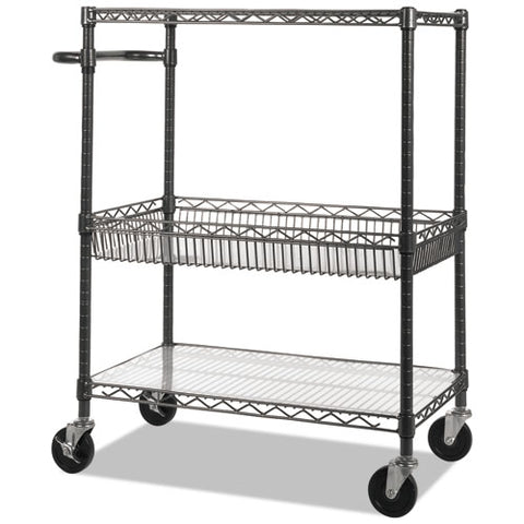 Three-tier Wire Cart With Basket, Metal, 2 Shelves, 1 Bin, 500 Lb Capacity, 34" X 18" X 40", Black Anthracite