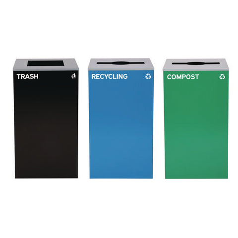 29 Gallon Trash/recycling Cans, Steel, Blue Recycling Can And Green Compost Can W/mixed Lids, Black Trash Can With Square Lid