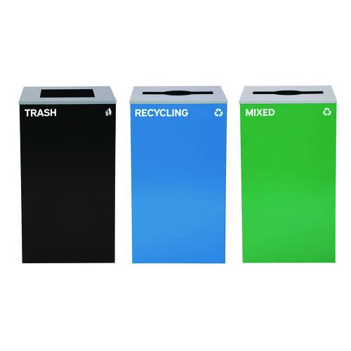 29 Gallon Trash/recycling Cans, Steel, Blue Recycling And Green Mixed Recycling Can W/mixed Lids, Black Trash Can W/sq Lid