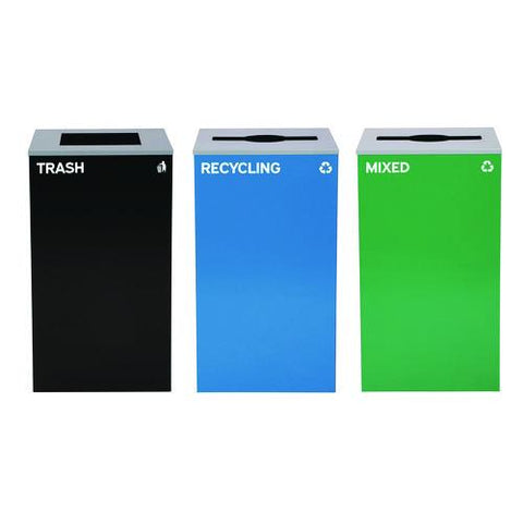 29 Gallon Trash/recycling Cans, Steel, Blue Recycling And Green Mixed Recycling Can W/mixed Lids, Black Trash Can W/sq Lid