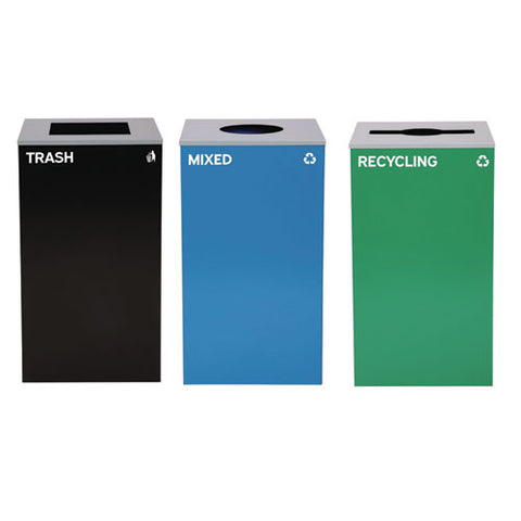 29 Gallon Trash/recycling Cans, Steel, Blue Mixed Recycling W/circle Lid, Green Recycling W/mixed Lid, Black Trash W/sq Lid