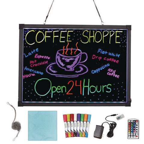 Led Illuminated Hanging Message Writing Board, 19.7" X 27.6", Black Surface, Black Aluminum Frame