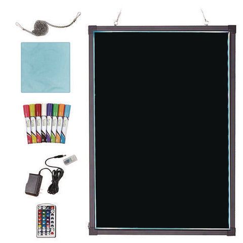 Led Illuminated Hanging Message Writing Board, 23.6" X 31.5", Black Surface, Black Aluminum Frame