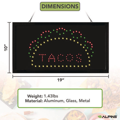 Led Rectangular Taco Sign, 19 X 10, Black Frame, Green/red/yellow Graphics