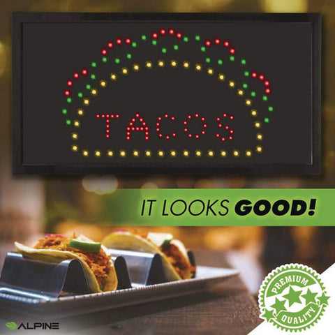 Led Rectangular Taco Sign, 19 X 10, Black Frame, Green/red/yellow Graphics