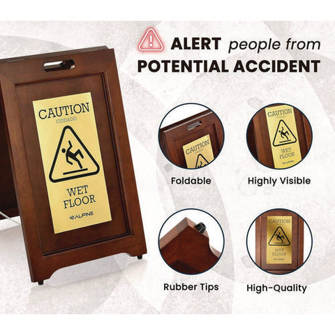 2-sided Plated Wooden A-frame Bilingual Wet Floor Sign, 15 X 2 X 24, Brass