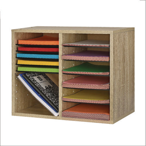 Wood Adjustable 12 Compartment Literature Organizer, 12 Sections, Letter Size, 20 X 11.8 X 16.3, Medium Oak