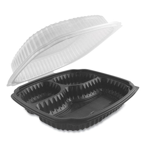 Culinary Lites Microwavable 3-compartment Container, 20 Oz/5 Oz/ 5 Oz, 9 X 9 X 3.13, Clear/black, Plastic, 100/carton