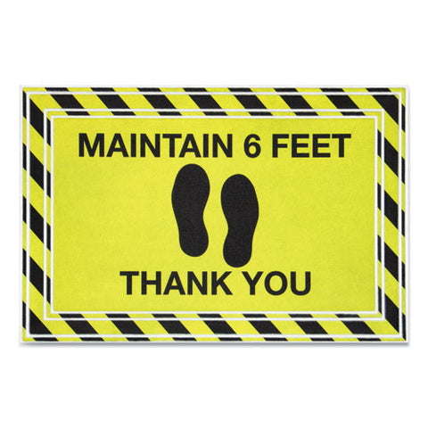 Message Floor Mats, 24 X 36, Black/yellow, "maintain 6 Feet Thank You"