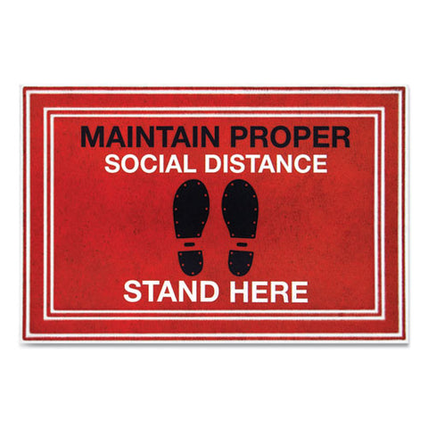 Message Floor Mats, 24 X 36, Red/black, "maintain Social Distance Stand Here"