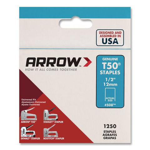 T50 Heavy Duty Staples, 0.5" Leg, 0.38" Crown, Silver, 1,250/box