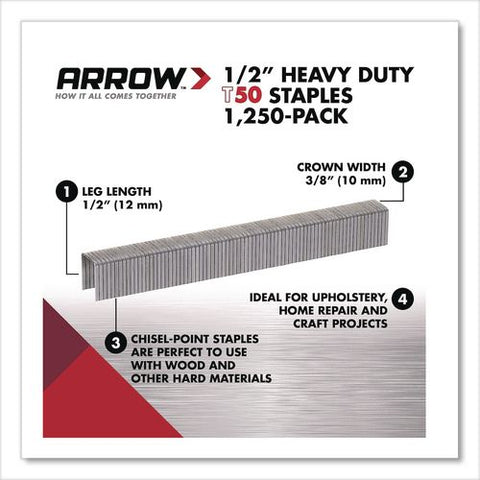 T50 Heavy Duty Staples, 0.5" Leg, 0.38" Crown, Silver, 1,250/box