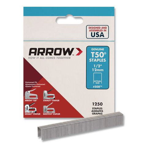 T50 Heavy Duty Staples, 0.5" Leg, 0.38" Crown, Silver, 1,250/box