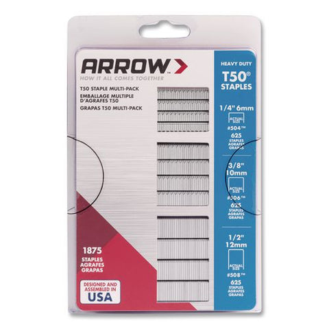 Heavy Duty Staples, 0.25" Leg/0.38" Leg/0.5" Leg, 0.41" Crown, Silver, 1,875/box