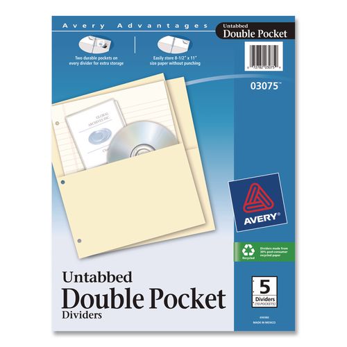 Untabbed Double Pocket Dividers, 9.19 X 11, Manila, 5/pack