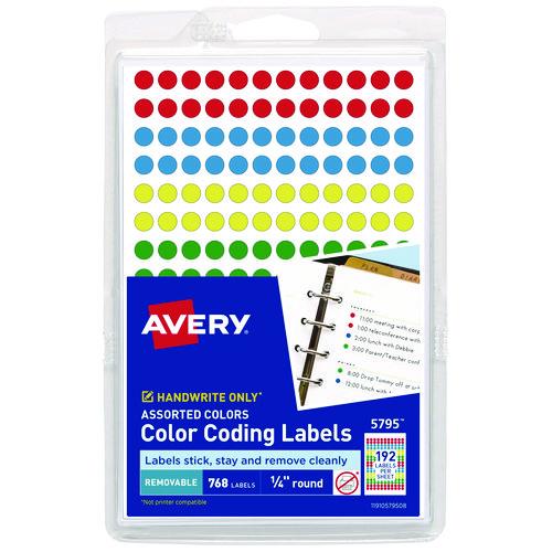 Handwrite Only Self-adhesive Removable Round Color-coding Labels, 0.25" Dia, Assorted, 192/sheet, 4 Sheets/pack, (5795)
