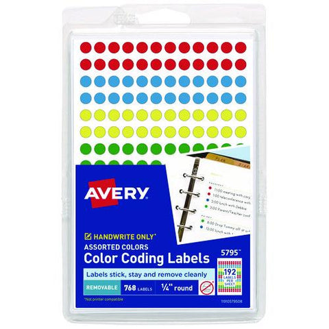 Handwrite Only Self-adhesive Removable Round Color-coding Labels, 0.25" Dia, Assorted, 192/sheet, 4 Sheets/pack, (5795)