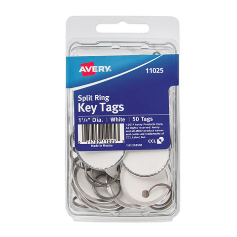 Key Tags With Split Ring, 1.25" Dia, White, 50/pack