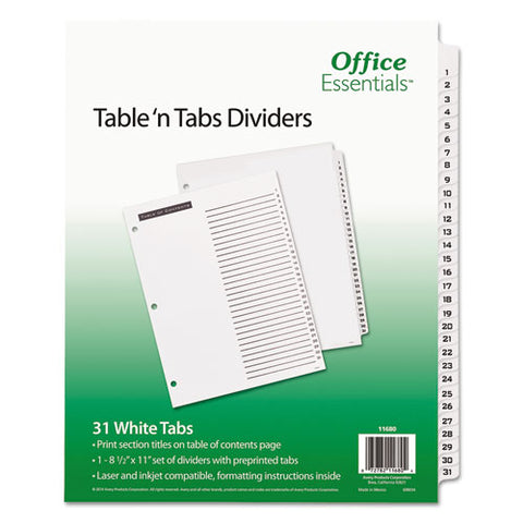 Table 'n Tabs Dividers, 31-tab, 1 To 31, 11 X 8.5, White, White Tabs, 1 Set