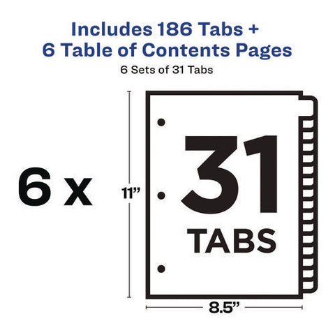 Customizable Table Of Contents Ready Index Multicolor Dividers, 31-tab, 1 To 31, 11 X 8.5, White, 6 Sets