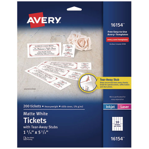 Printable Tickets W/tear-away Stubs, 97 Bright, 65 Lb Cover Weight, 8.5 X 11, White, 10 Tickets/sheet, 20 Sheets/pack