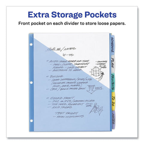 Write And Erase Durable Plastic Dividers With Slash Pocket, 3-hold Punched, 5-tab, 11.13 X 9.25, Assorted, 1 Set