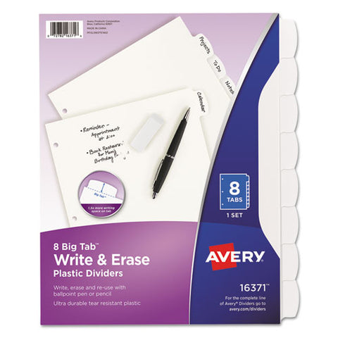 Write And Erase Big Tab Durable Plastic Dividers, 3-hole Punched, 8-tab, 11 X 8.5, White, 1 Set