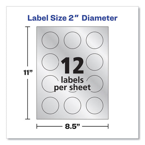 Round Labels, Inkjet Printers, 2" Dia, Silver, 12/sheet, 8 Sheets/pack