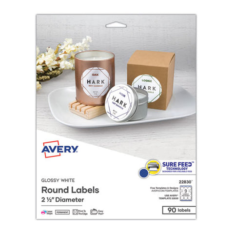 Round Print-to-the Edge Labels With Surefeed, 2.5" Dia, Glossy White, 90/pk