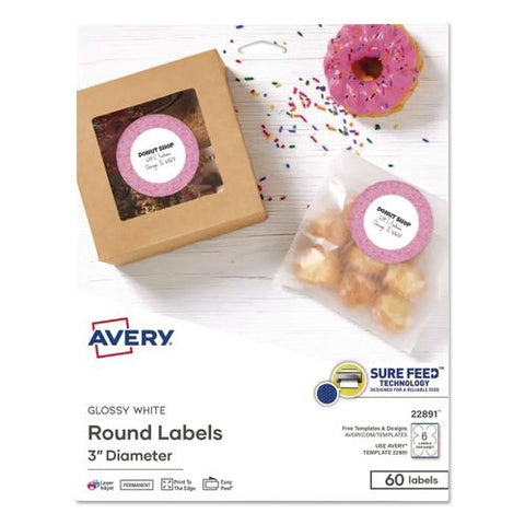 Sure Feed Glossy Labels, 3" Dia, White, 8 Labels/sheet, 10 Sheets Pack