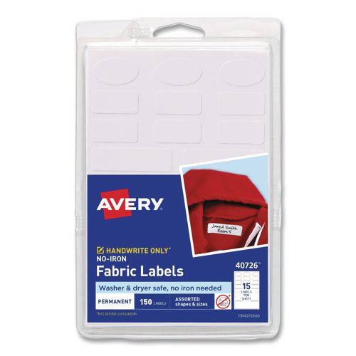 No-iron Fabric Labels, Handwrite Only, Assorted Shapes And Sizes, White, 15/sheet, 10 Sheets/pack