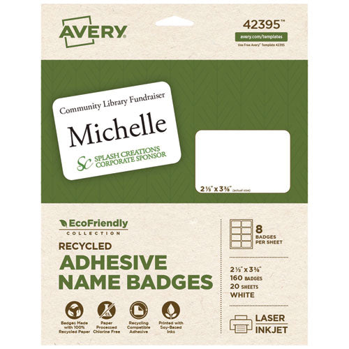 Ecofriendly Adhesive Name Badge Labels, 3.38 X 2.33, White, 160/box