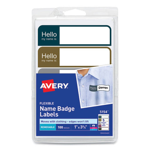 Flexible Self-adhesive Mini Name Badge Labels, 1 X 3.75, Hello, Assorted, 100/pack