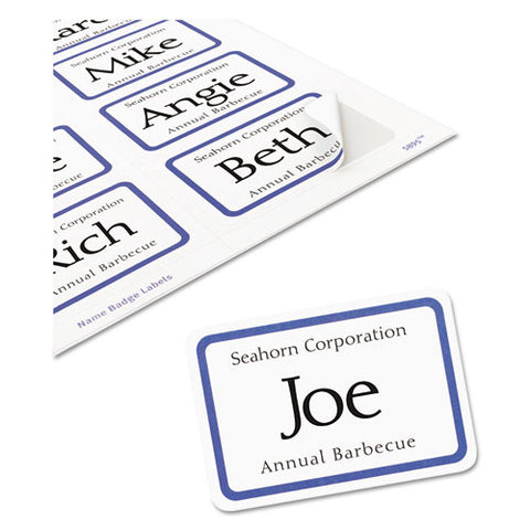 Flexible Adhesive Name Badge Labels, 3.38 X 2.33, White/blue Border, 400/box